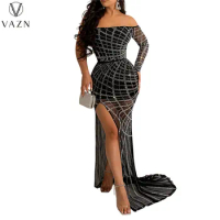 VAZN 2023 New Luxury Designer See Through Young Sexy Club Solid Diamonds Hotsweet Strapless Full Sleeve Women Long Mermaid Dress