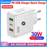 PD USB Charger Quick Charge 3.0 30W Fast Phones Charger Adapter For IPhone Samsung Huawei Xiaomi 3 Ports EU/US Plug Wall Adapter