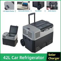 Aspligo 42L Mini Refrigerator Portable Car Fridge 12V 24V Freezer With Solar Charger Board Handle Wheel for Camping Travel