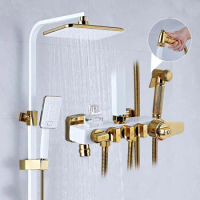 Luxury White Gold Shower Faucet Set Wall Mount Rain Shower Head Thermostatic Shower Bathtub Faucet Mixer Bidet Tap Black