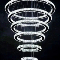 Crystal Chandelier Lighting, 6 Ring Chandelier LED Ceiling Lights Fixtures with 3-Color, High Ceiling Foyer Chandelier