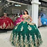 Green Ball Gown Quinceanera Dress Gold Applique Lace Sequin Mexican Corset Sweet 16 Dress Princess Tiered Vestidos De 15 Años