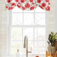 Watercolor Red Poppy Flower Window Curtain Living Room Kitchen Cabinet Tie-up Valance Curtain Rod Pocket Valance