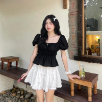 X Áo babydoll linen kiểu xinh tay phồng tiểu thư công chúa bo thân nơ coquette ngực xinh xắn Kimee M