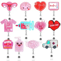 Glitter Nurse Retractable Badge Reel Love Heart Acrylic Hospital Badge Holder Work Card Clips ID Card Clips Name Card Holder