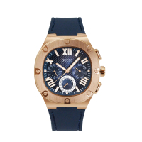 【GUESS】玫瑰金框 藍面 三眼日期顯示 圓角方型 深藍色矽膠錶帶 男錶 手錶 情人節(GW0571G2)