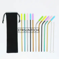 100sets Reusable Metal Colorful Straw 304 Stainless Steel Straw Silicone Tips Drinking Straws Set with Brush &amp; Bag