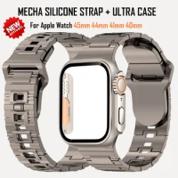 Mecha Sport Band+ultra Case for Apple Watch 45mm 44mm 41 40mm Silicone Loop Bracelet+upgrade Ultra Case for Iwatch 8 7 6 5 4 Se