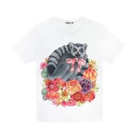 เสื้อยืด พิมพ์ลาย ลีเมอร์ ดอกไม้ ติดโบว์ รุ่น LEMUR5654 สีขาว