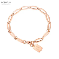 BOBOTUU Fashion Stainless Steel Good Luck Tag Charm Beach Bracelets For Women Girls Bohemia Link Chain Bracelet Jewelry BB17090
