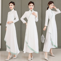 年中國風新款禪服中式長袖復古質白色改良旗袍式民族風連衣裙