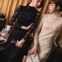 蕾絲洋裝 長袖連身裙-韓版立領性感修身顯瘦流行女裝裙子2色72f9【獨家進口】【米蘭精品】