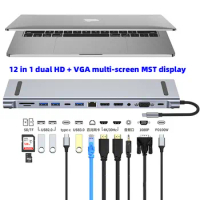 Dock Station Dual HDMI-compatible 4K Dual Monitor USB C Adapter USB 3.0 VGA RJ45 PD for Macbook Pro Type C Docking USBC Splitter
