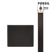 FOSSIL Derrick 真皮RFID防盜短夾皮帶禮盒組-黑色 MLG0721001