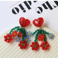 2pcs hand-woven millet beads, tricolor crystal flower Earrings Material For DIY Jewelry Making Accessories