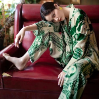 Luxury Print Women's Pajama Set Satin Spring Autumn Ladies Sleepwear 2 Pcs Wiht Pant Silk Like Pijamas Suit For Female