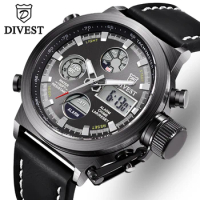DIVEST Mens Watches Top Luxury Brand Leather Sport Men Watch Waterproof Quartz LED Digital Clock Man Army Military Wristwatches