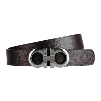【Salvatore Ferragamo】SALVATORE FERRAGAMO GANCINI金屬LOGO荔枝紋小牛皮雙面釦式皮帶(寬版/黑x褐)