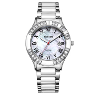 RHYTHM日本麗聲 奢華貝殼面羅馬數字日期顯示陶瓷腕錶-白/45mm