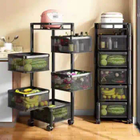 New 3/4/5 Layer Stackable Metal Basket Kitchen Storage Shelf Rotating Storage Baskets Rack Fruit Vegetable Organizer with Wheels