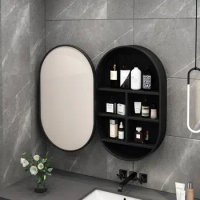 Wall-mounted solid wood oval LED smart bathroom mirror storage box cabinet bathroom toilet wall-mounted round mirror with light