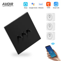 Avoir Tuya Smart Life Circuit Breaker Light Switch Electrical Socket Wifi Wireless Switch Black Stainless Steel Panel Power Plug