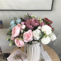 Hot Selling 1pcs/30cm Rose Pink Silk Bouquet Peony Artificial Flower 5 Big Head 4 Small Bud Bride Wedding Home Decoration
