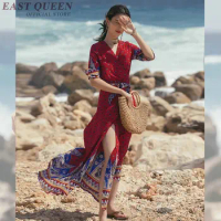 red bohemian dress women summer boho chic maxi mexican dress tropical beach holiday ladies wrap dresses summer 2019 AA4825