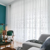 1pc White Geometric Pattern Sheer Curtain,Modern Flower Embroidery Voile,Rod Pocket, Tulle for the Living Room Decor