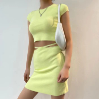 Women Crew Neck Short Sleeve Knit Crop Top And Tie Back Strappy Knit Mini Skirt Knit Set Two Pieces