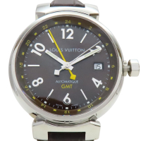 【二手名牌BRAND OFF】LOUIS VUITTON LV 路易威登【再降價】 棕色錶盤 皮帶 不鏽鋼 TAMBOUR GMT 腕錶 Q11310