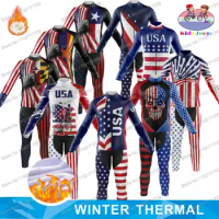 Retro USA Flag Team Cycling Jersey Set Children Winter Thermal Cycling Clothing Boys and Girls USA Flag Teenager Cycling Kits