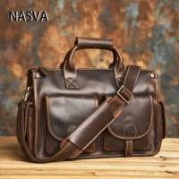 NASVA Men's Vintage Genuine Leather Briefcase Crossbody Bag Laptop Crossbody Bag Crazy Horse Leather Bag Handbag