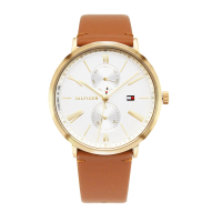 【Tommy Hilfiger】金框 白面 兩眼日期顯示 橘棕色皮革錶帶 腕錶 手錶 過年/新年(1782073)