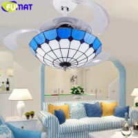FUMAT Ceiling Fans Mediterranean Style 42 Inch LED 32W Tiffany Light With Remote Control Living Room Decoration Fan Light