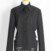 Tesco Trendy Women's Suit Blazer Long Sleeve Fake Two-piece Jacket Black Casual Female Coat For Daily Office Lady Blazer Women