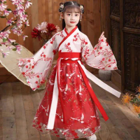 Folk Dance Chinese Children Girls Hanfu Han Tang Dynasty Flowers Pattern Children Girls Ancient Costume Stage Costumes
