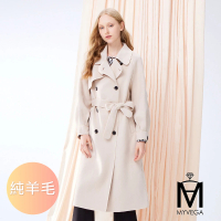 【MYVEGA 麥雪爾】MA純羊毛雙排釦輕量長版保暖冬季大衣外套-米