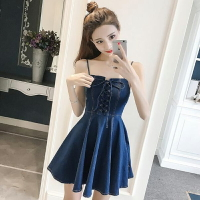 格格家 夏季性感小心機綁帶顯瘦連衣裙娃娃裙潮吊帶牛仔收腰A字裙