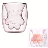 Kawaii Cat Paw Glass Cup Sakura Double Wall Glass Cup Cat Claw Espresso Coffee Mug Heat-Resistant Handmade Creative Milk Mug