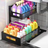 2-Tier Metal Under Sink Organizer, Pull Out Smoothly Under Kitchen Sink Organizer with Track，Kitchen and Bathroom
