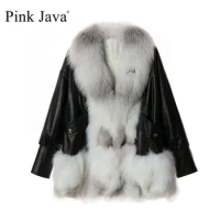 pink java QC21021 women fashion real fox fur jacket winter fur coat real leather jackets natural sheep leather clothes
