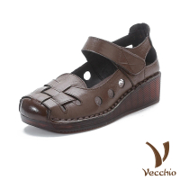 【Vecchio】真皮涼鞋 坡跟涼鞋/真皮復古邊織小方頭一字帶坡跟涼鞋(棕)
