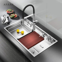 Asras 8649l+3059 SUS304 Handmade Kitchen Sink With Drainer And Faucet One-click Table Control Drainage Stainless Steel Sinks