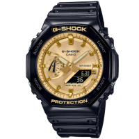 【CASIO 卡西歐】G-SHOCK 黑金八角錶殼耐衝擊運動雙顯腕錶/黑x金面(GA-2100GB-1A)