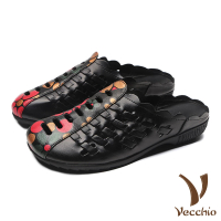 【Vecchio】真皮頭層牛皮民族風印花編織縷空平底包頭拖鞋(黑)