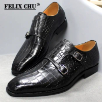Size 38 To 47 Mens Dress Shoes Real Cow Leather Crocodile Pattern Monk Strap Oxford Double Buckles Business Formal Shoes Male