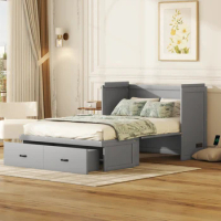 Full Size Murphy Bed with USB Port and a Large Drawer, Space-Saving Design,Sturdy Construction,Easy Assembly,Gray/ White