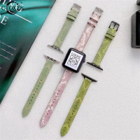 Thin Vintage Print Green Leather Senior Strap For Apple Watch Band 44mm 40mm 45mm 41mm 42mm 38mmHigh Quality Business WatchBand