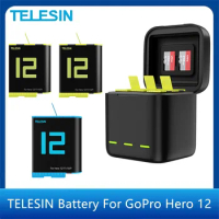 TELESIN Battery For GoPro Hero 12 11 10 9 1750 mAh Battery 3 Slots LED Light Charger TF Card Battery Storage Box For GoPro Hero